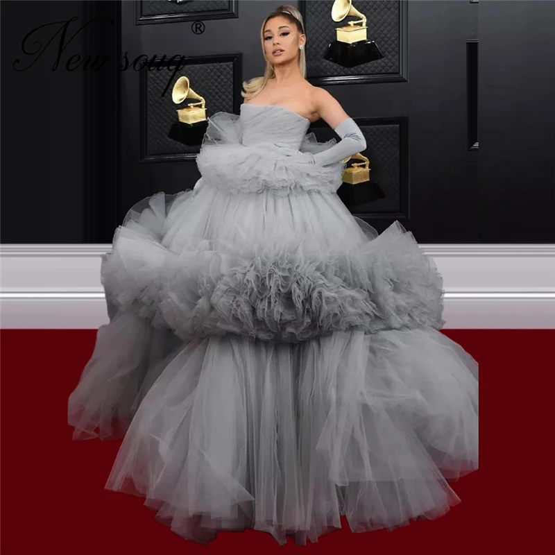 Tiered Tulle Dubai Celebrity Gown 2020 Newest Design Puffy Strapless Evening Dresses For Special Occasion Gray Arabic Prom Dress | Свадьбы и