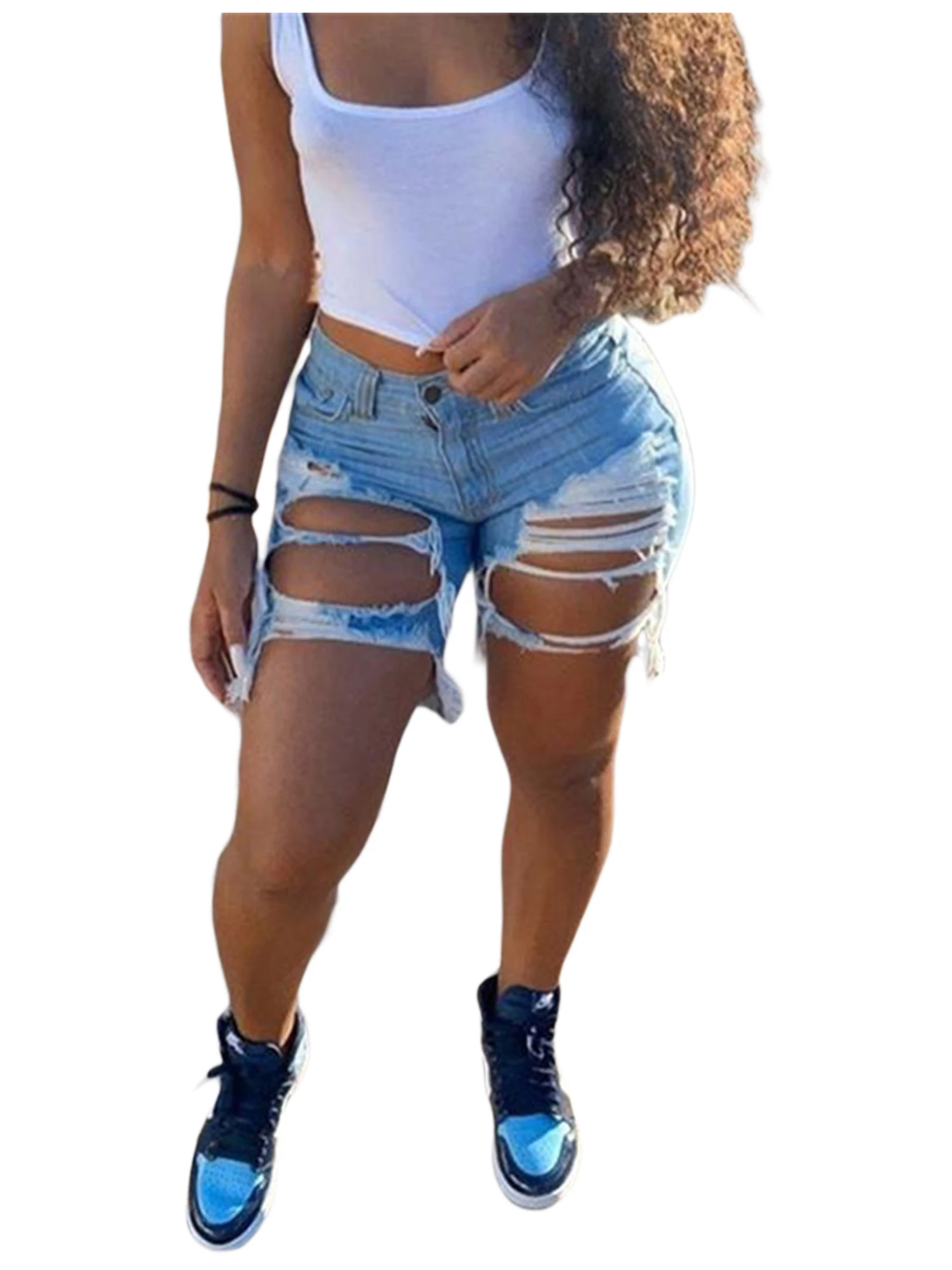 

2020 Women’s Destroyed Denim Shorts Hollow Out Butt-Lifting Mid Rise Frayed Raw Hem Ripped Short Jeans Zipper Casual Clothes