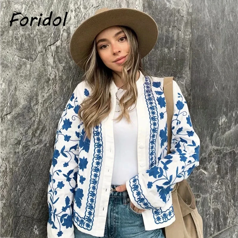 

Женское короткое пальто Foridol, из хлопка и льна, с цветочной вышивкой, на одной пуговице, с винтажным китайским принтом, большого размера, весн...