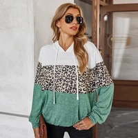 autumn 2021 patchwork leopard print top pocket hooded sweatshirts pullover loose waist hoodie streetwear folds long sleeve hoody