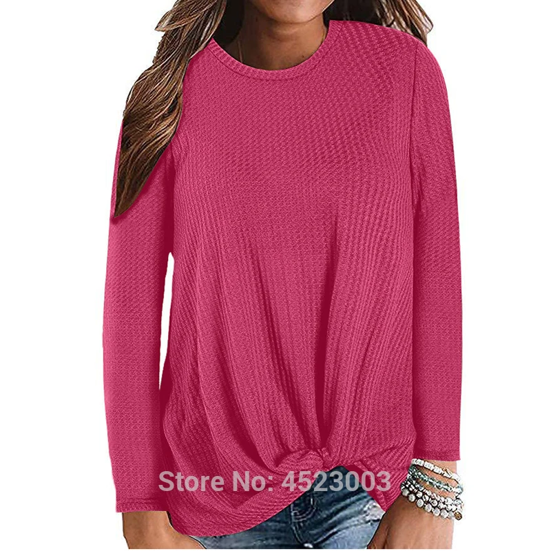 

Womens Autumn O-Neck Long Sleeve Tops Knot Waffle Knit Tunic Shirt Cute Solid Loose Shirts Tops