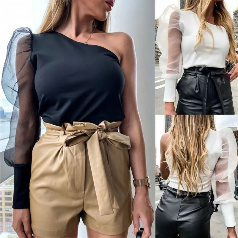 Боди женское Сетчатое на одно плечо с пышными рукавами элегантное пикантное