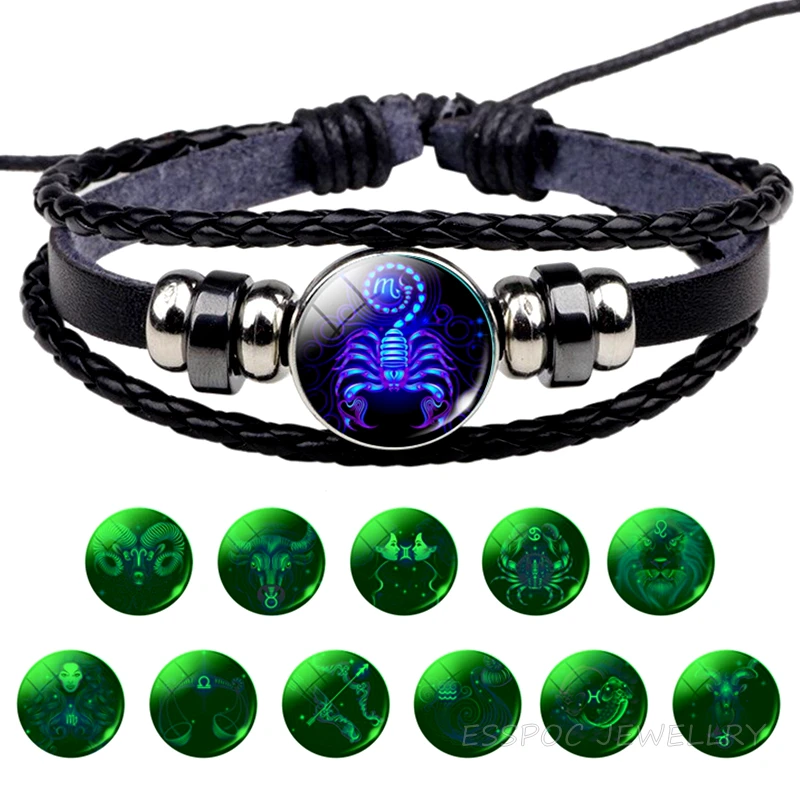 

Glowing Bracelet Constellation Bracelet Luminous Jewelry Punk Black Leather Woven Bracelets Zodiac Sign Glow In The Dark Gifts