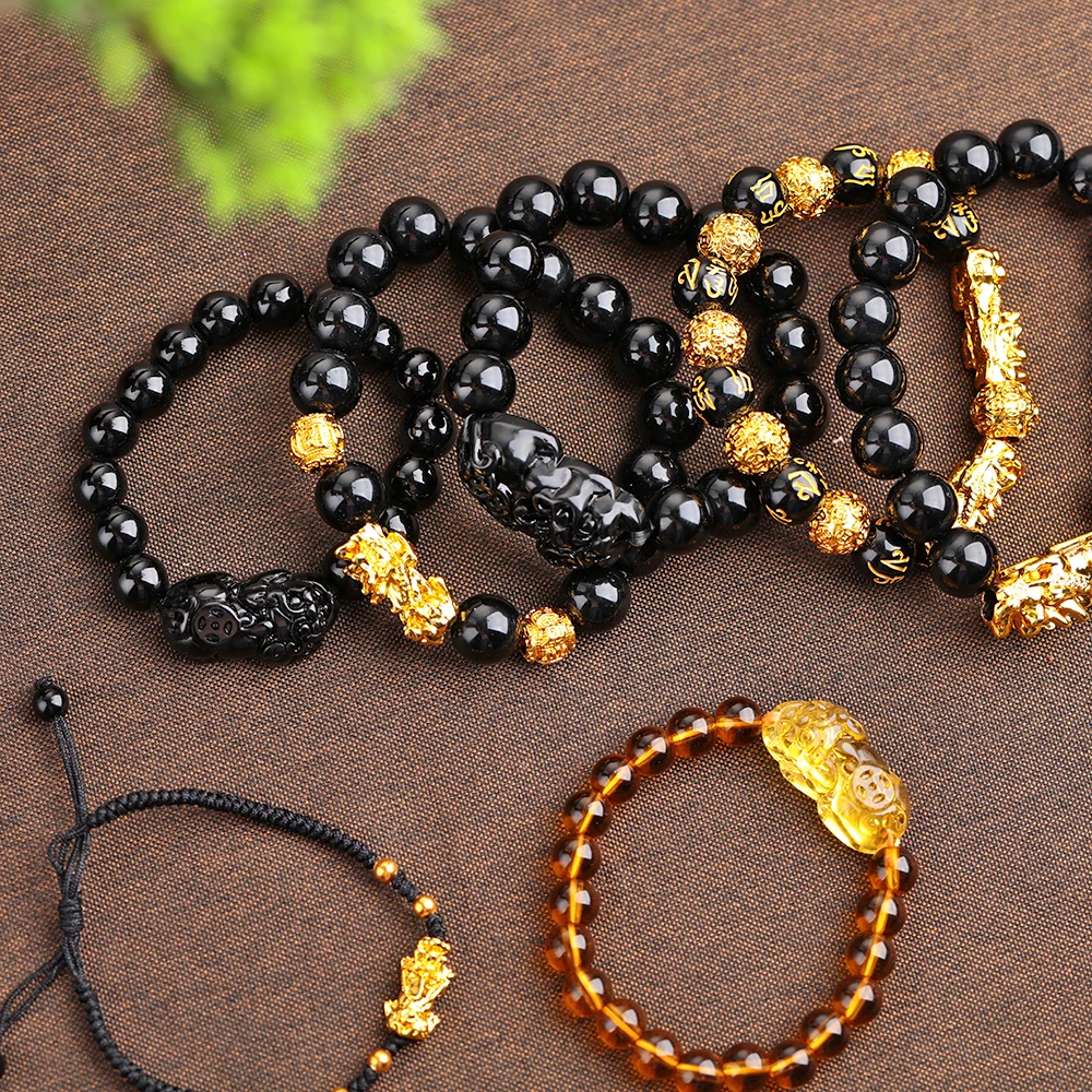 Модный браслет приносящий удачу черный Pi Xiu Feng Shui обсидиан из бисера привлекающий