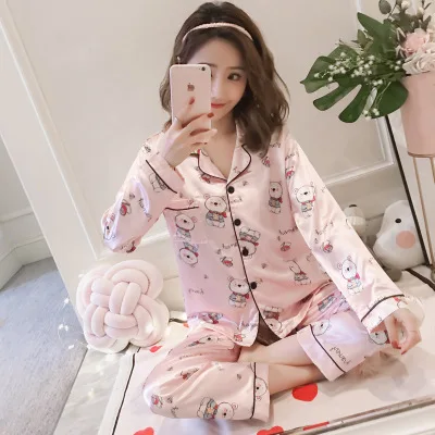 pyjamas women Большой размер 5XL женский атласный Шелковый пижамный комплект с длинным рукавом Цветочный комплект из двух предметов сексуальная пижама Пижамный костюм Женская одежда для сна - Цвет: pyjamas women