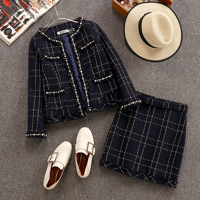 1080Tweed Vefinear, Осень-зима, сексуальные клетчатые топы и мини-платья, комплект из 2 предметов, на пуговицах, открытая облегающая юбка и свитер, комплект из двух предметов - Цвет: 1080Tweed