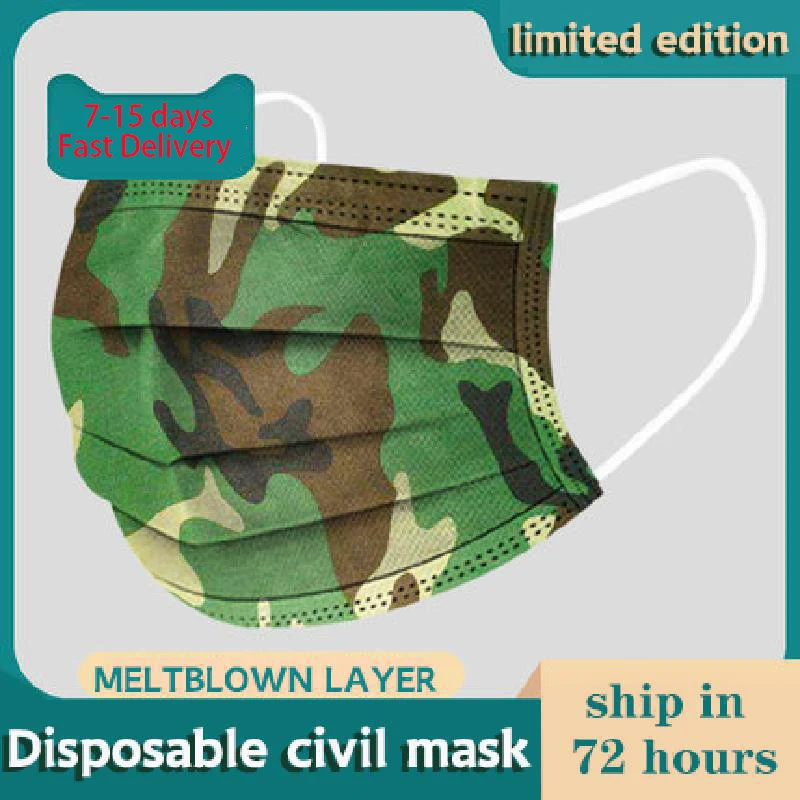 

5/10/50/100/200pcs Camouflage Face Mouth Mask Disposable Non Wove 3 Layer Ply Filter Breathable Earloops Adult Masks mascarilla