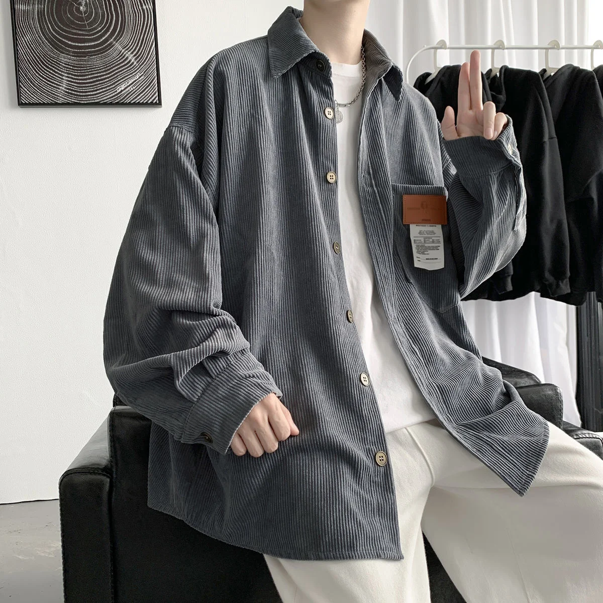

Neploha 2022 Corduroy Solid Color Men's Shirts Harajuku Man Casual Long Sleeve Shirt Lapel Male Basic Blouse Tops Unisex