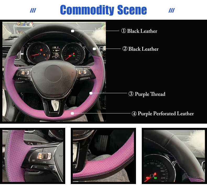 Черный, фиолетовый кожаный чехол на руль для Volkswagen VW Golf 7 Mk7 New Polo Jetta Passat B8 Tiguan Sharan Touran Up