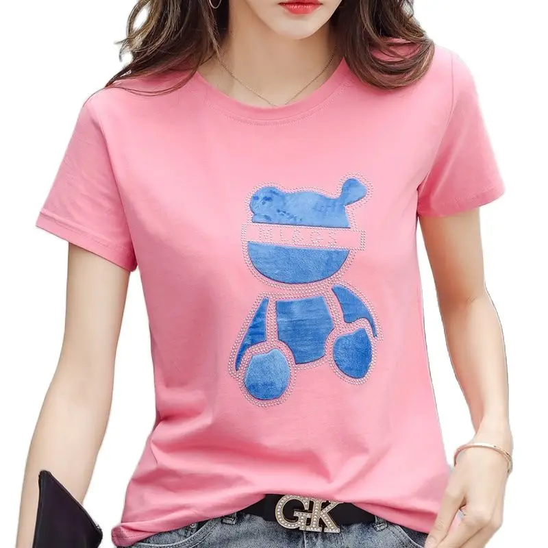 

Женские футболки с аппликацией из мультфильмов, хлопковые футболки с коротким рукавом стразы 2021 с 3D рисунком медведя, женские розовые топы ...
