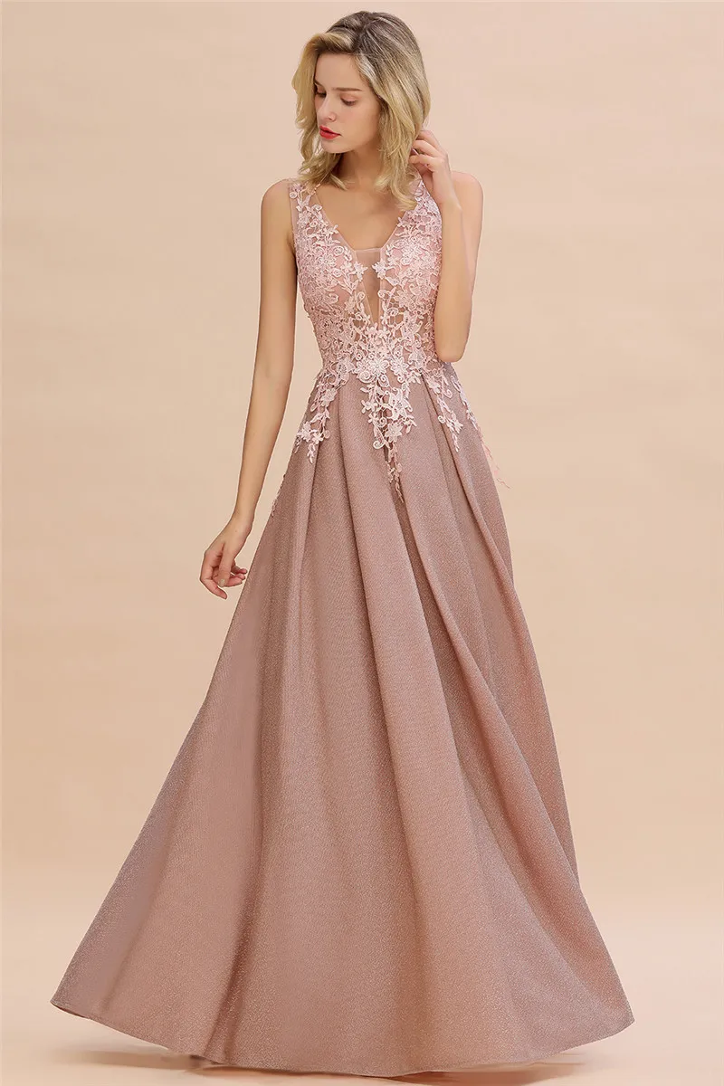 Халат de Soiree Longue пыльная роза кружевное длинное вечернее платье Vestido de Festa сексуальное с глубоким v-образным вырезом аппликации вечерние выпускные платья
