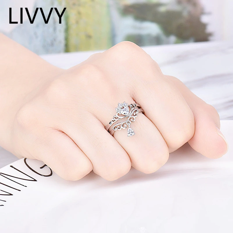 

LIVVY 2PCS Silver Color Elegant Heart-Shaped Crystal Zircon Crown Ring for Woman Trendy Wedding Engagement Jewelry Gifts