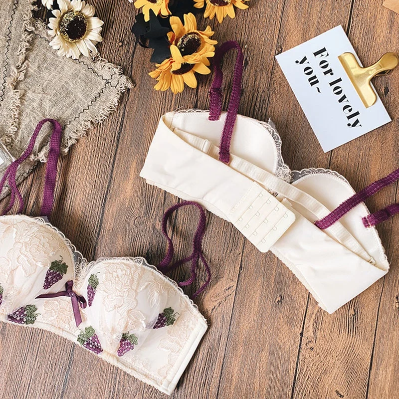 Комплект женского кружевного нижнего белья с принтом фруктов и чашками пуш-ап |