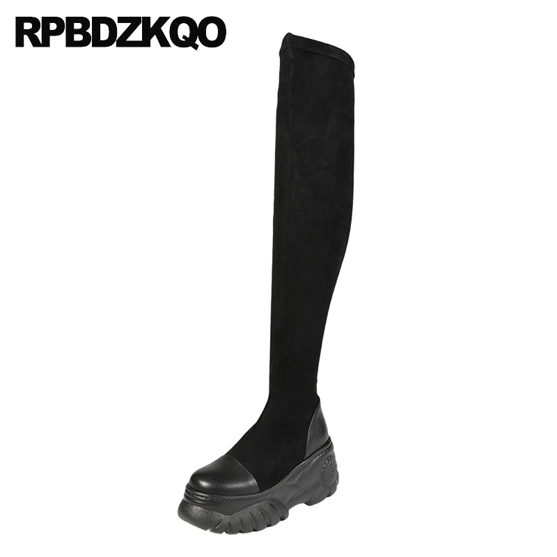 Замшевые облегающие Женские сапоги до бедра высокие на платформе с высокой