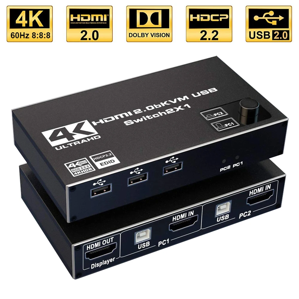 HDMI переключатель KVM двойной монитор 2 в 1 выход принтер клавиатура мышь порта 4K/60Hz