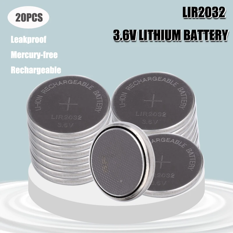 

20PCS New LIR2032 Li-ion Rechargeable Battery 3.6V Lithium Button Batteries for Watch Computer Replaces LIR 2032 CR2032/ML2032