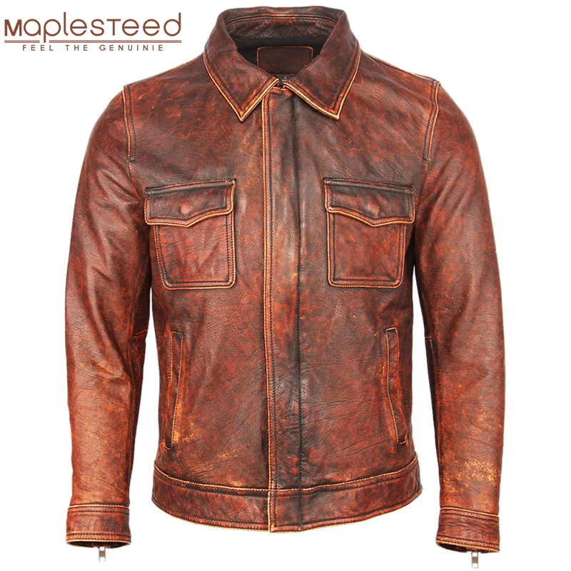 Мужская кожаная куртка винтажная состаренная красная коричневая 100% Натуральная