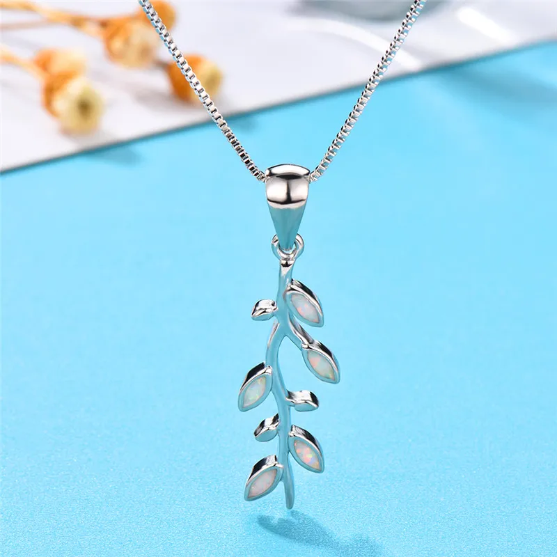 

Boho Female Leaf Long Pendant Necklace Dainty Silver Color Chain Necklaces For Women Vintage White Blue Opal Wedding Earrings