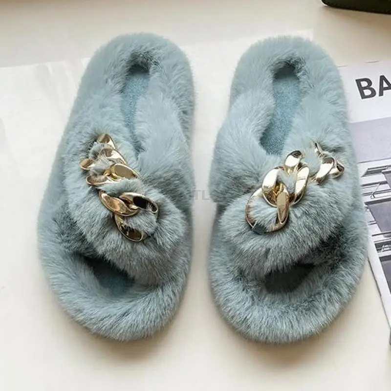 Summer Fluffy Women Slippers Gold Chain Fur Fox Flip Flop Flat Slides Indoor Ytmtloy House Shoes Zapatillas Mujer Casa | Обувь