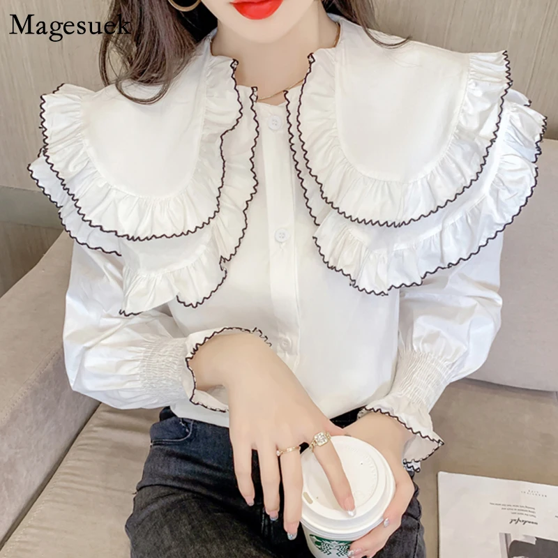 Женская рубашка с длинным рукавом и оборками белая Повседневная элегантная