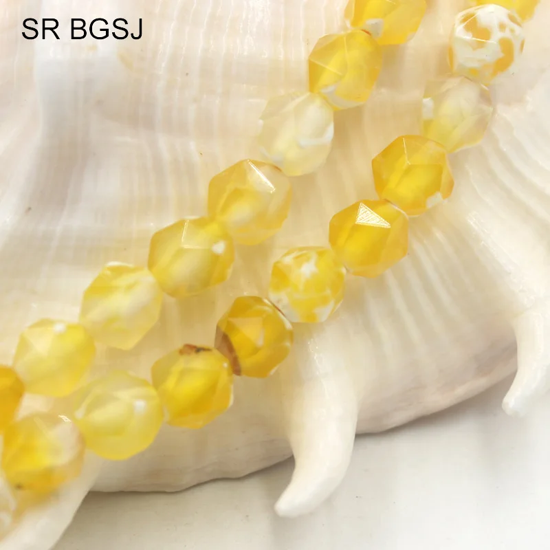 

Free Shipping SR 8mm Faceted Round Polygonal Faceted Yellow Fire Agate Onyx Gemstone Natural Stone Findings diy Beads 15"