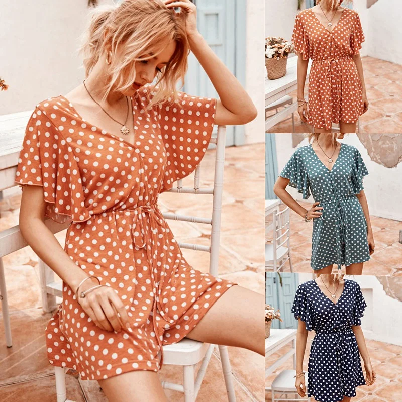 

Sexy V Neck Playsuit Summer Bohemian Beach Overalls Polka Dot Lace Up Short Jumpsuit