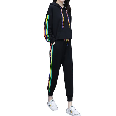 

Casual 2 Piece Sets Womens Outfits Clothes Hooded Tracksuit Loose Two Piece Set Top And Pants Striped Women's Tracksuits