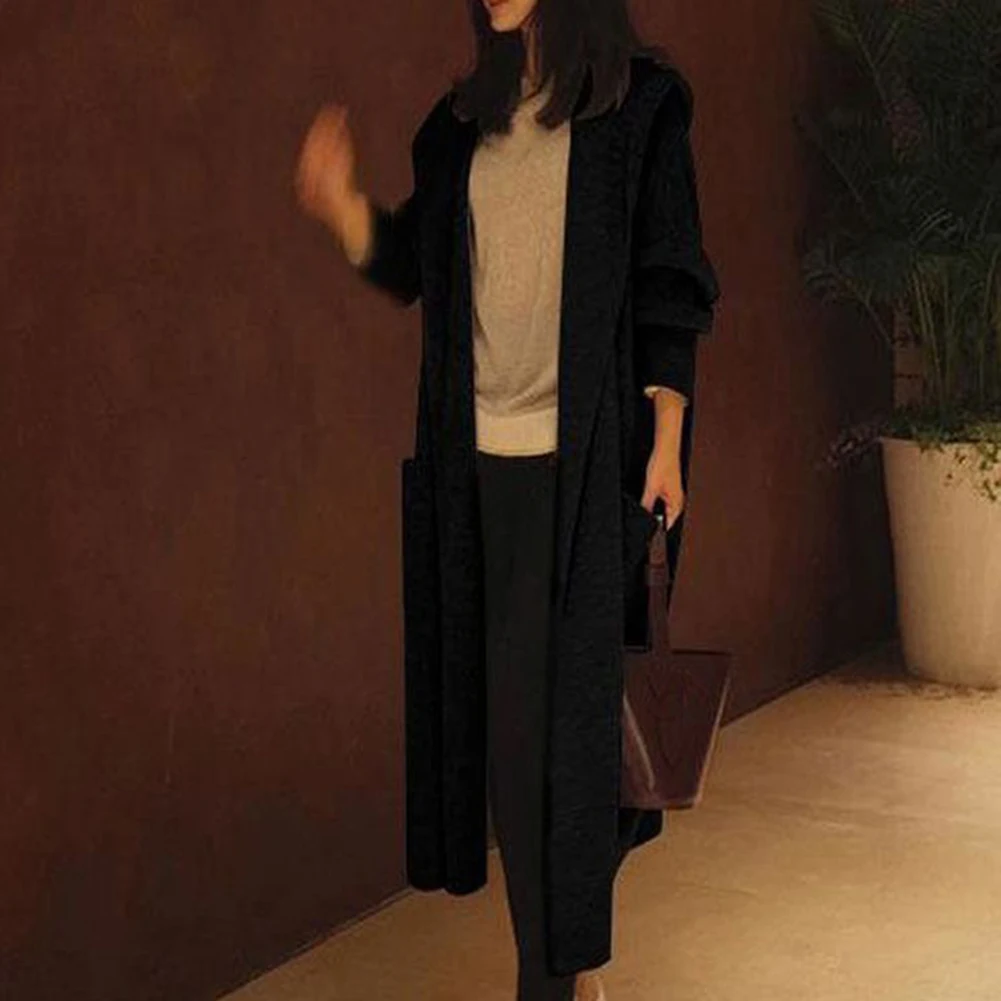 Женский однотонный осенний свитер выше колена с капюшоном Свободный кардиган |