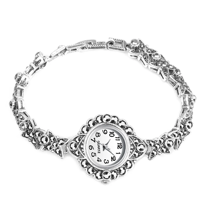 Женские кварцевые часы с браслетом роскошные винтажные черным кристаллом в