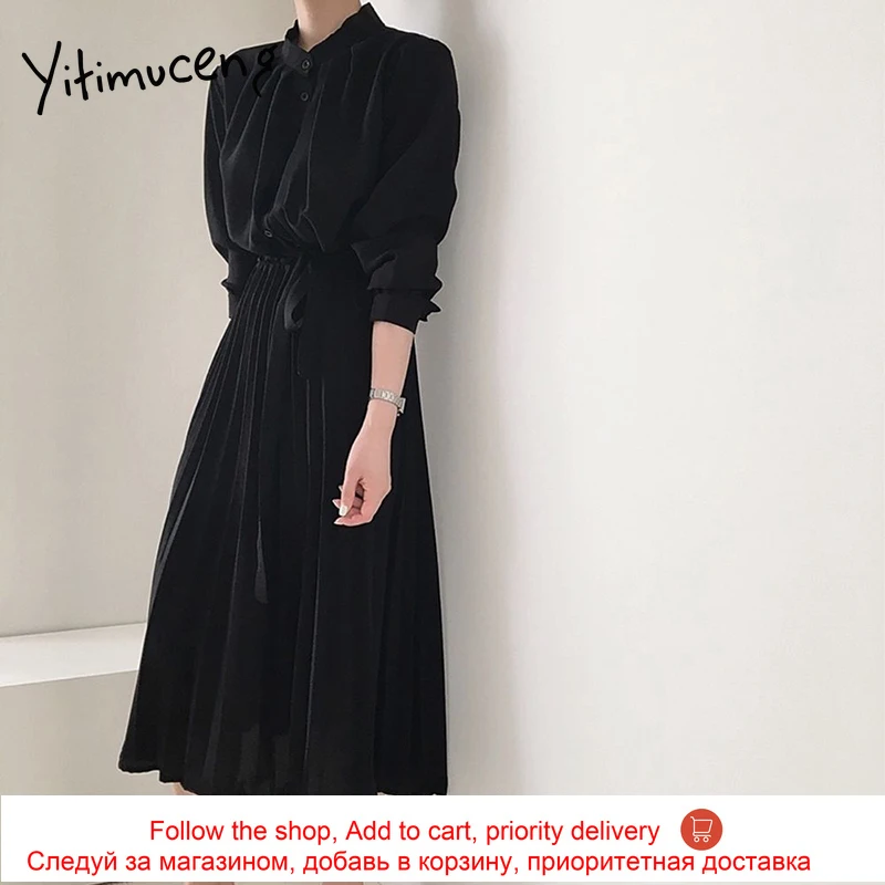 

Yitimuceng Shirt Dresses for Women Button Up High Waist A-Line 2021 Spring Summer Korean Fashion New Elegant Office Lady Dress