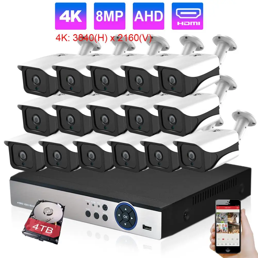 H.265 16CH 4K Ultra HD DVR Kit 8MP Система охранной камеры IP66 Водонепроницаемая наружная Камера
