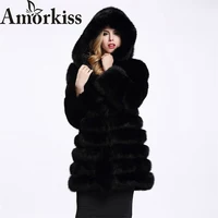 Amorkiss European And American Fashion Warm Faux Fur Coat Women's Winter Artificial Fox Stitching  Fur Hooded  Long  Furry Coat