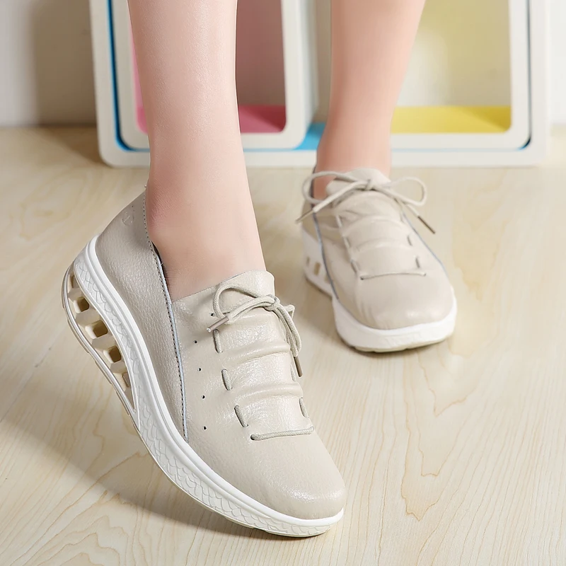 

Genuine Leather Thick Bottom Casual Sneakers Women Breathable Slip-on Walking Shoes Mujer Lightweight Cushioning Wedges Shoes