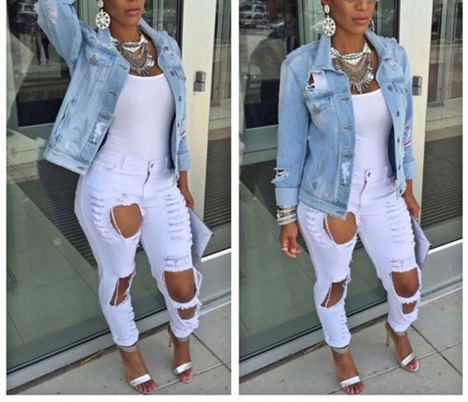 Парень ветер осень зима Для женщин отверстие джинсовая куртка 2018 Винтаж Harajuku