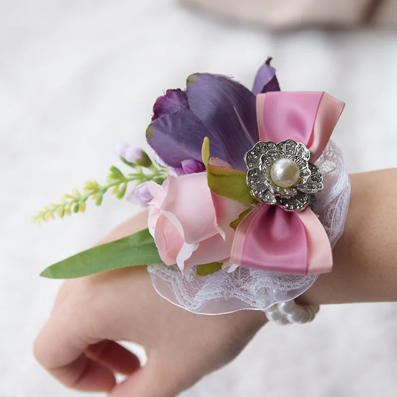 

H&S BRIDAL Wedding Bridal Wrist Corsage Stain Silk with Pearl Accessories Bridesmaid Girls Bracelet Crystal Wrist Flower 2019