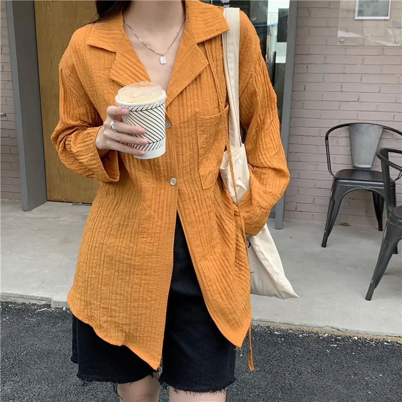 

Элегантная Осенняя однотонная женская блузка с отложным воротником 2021 повседневные однобортные женские рубашки с карманами женские Топы Б...