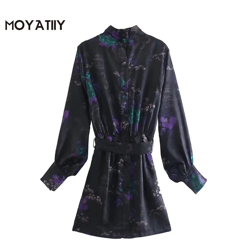 

MOYATIIY Women 2021 Fashion with Slash Floral Print Mini Dress Retro Lantern Sleeve Shirt Dresses Mystery Female Vestidos