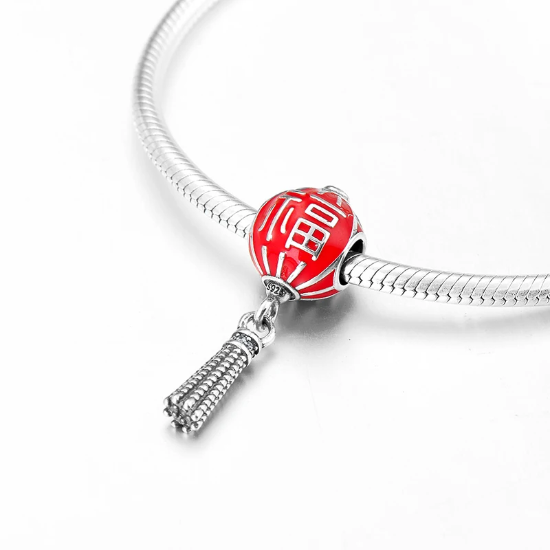 Настоящий 925 пробы серебряный китайский Fu Blessing красный фонарь эмалированные