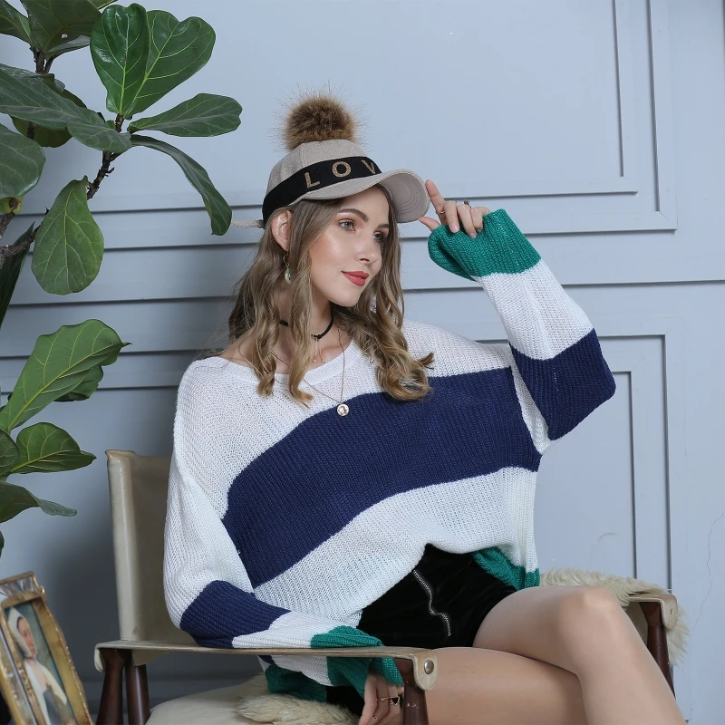 

Women Spring Autumn Long Flared Sleeves Knitted Sweater Loose Striped Stitching Contrast Color Pullover Casual Crew Neck Tops Ju