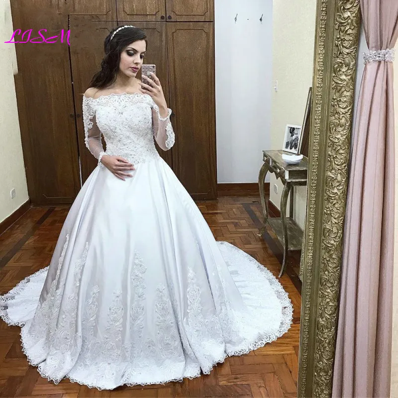 

Vintage Wedding Dresses Boat Neck Sheer Long Sleeves with Beaded Appliques Satin Bridal Dresses Elegant Wedding Party Gowns