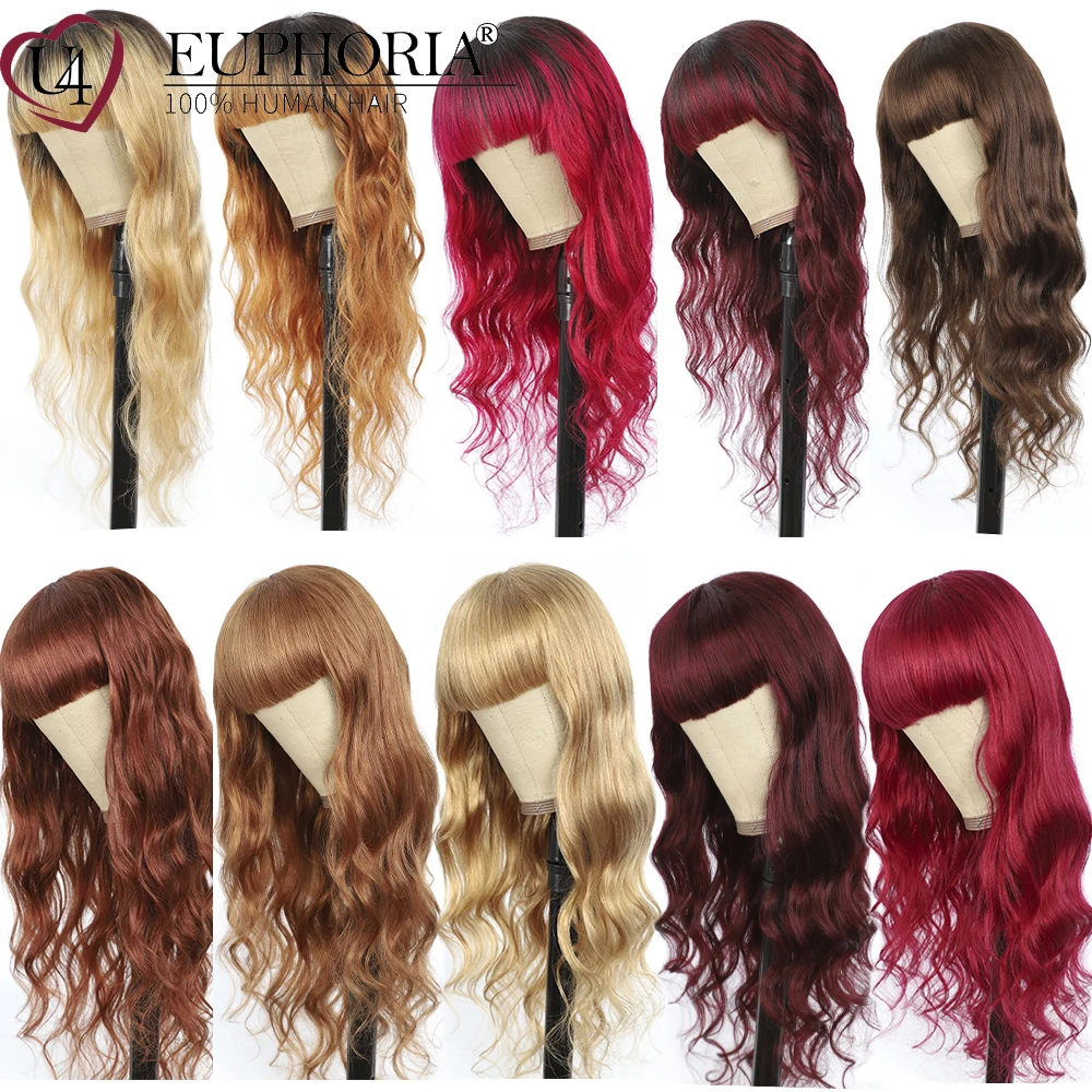 

Body Wave Human Hair Full Machine Made Wigs With Bangs Colored 27# 30# 33# 99J Remy Hair Cheap Wigs For Women EUPHORIA