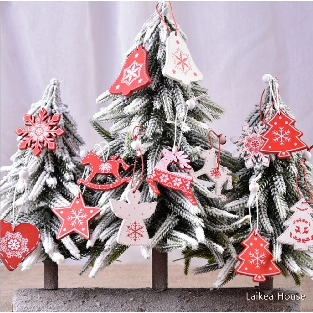 

12PC Christmas Decorations Creative Wooden Pendant Mini Christmas Tree Snowman Elk Ornaments Tree Hanging Decor New Year 14X14CM