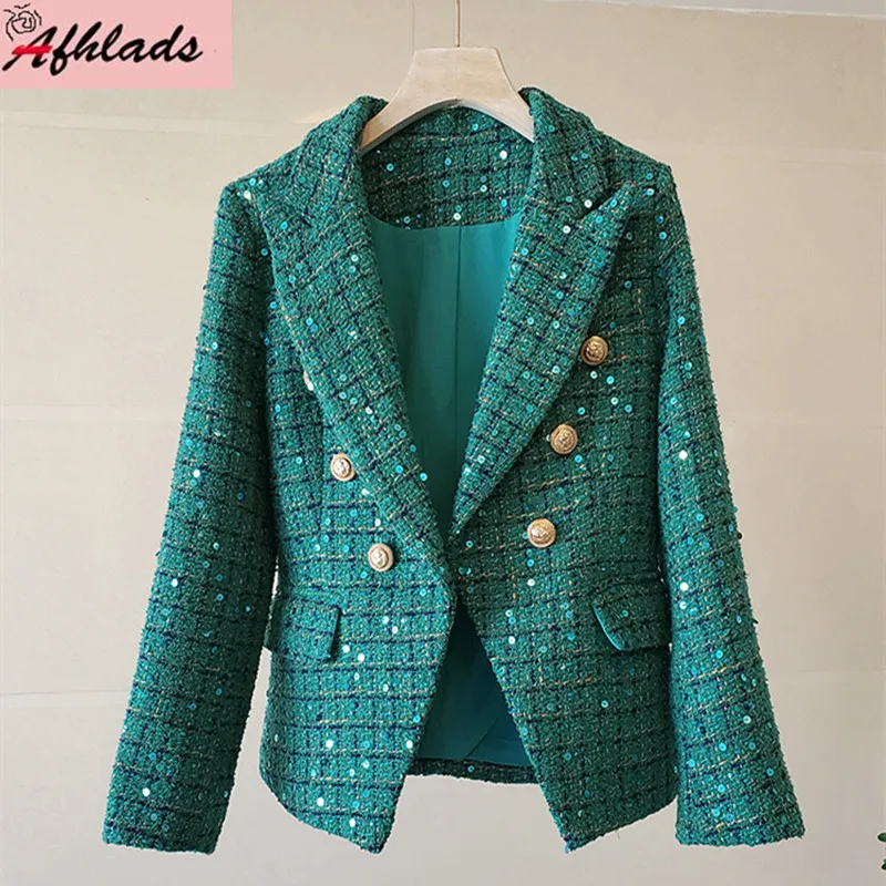 

Autumn And Winter New Casual Turn-Down Collar Coats Sequined Double-Breasted Jackets Plaid Streetwear Fashion Outerwear