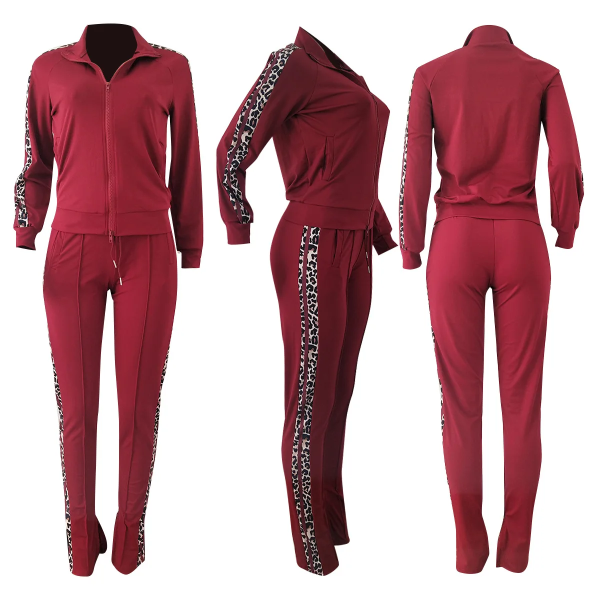 

Fall Winter Leopard Causal Two Piece Set Sweatsuit Womens Clothing Full Sleeve Crop Sweatshirt + Long Pants Plus Size Set