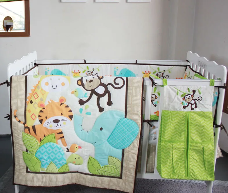 8pcs Baby Bedding Set elephant monkey for new born cot nursery use comforter crib sheet skirt bumpers and nappy stacker | Мать и ребенок