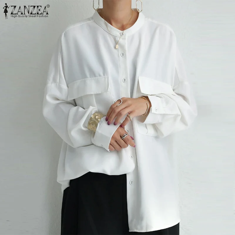 

Осень 2021, офисная блузка с лацканами, повседневные топы с длинным рукавом, модная рубашка ZANZEA, Женская однотонная блузка оверсайз, женская э...