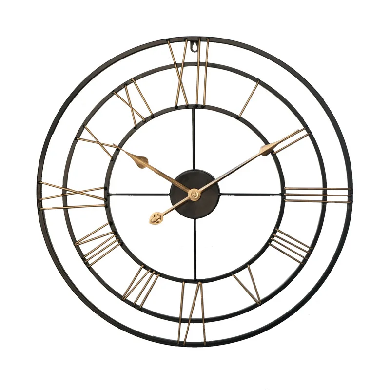 

American Retro Iron Art Wall Clock Round 24-Inch Roman Digital Clock Mute Wall Clocks Creative Living Room Decor
