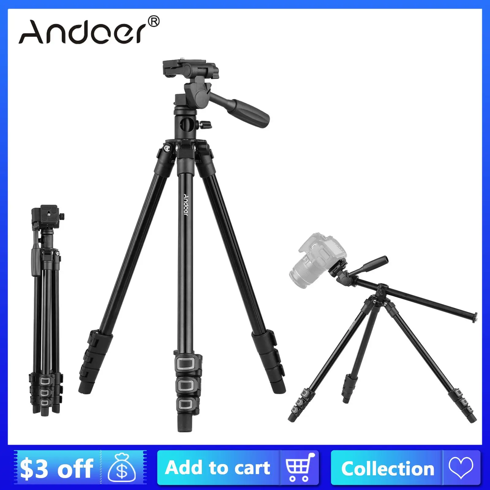 

Andoer Q160HA Video Tripod Camera Tripods with 3-Way Pan Tilt Head for Canon Nikon Sony DSLR Cameras Camcorders Mini Projector