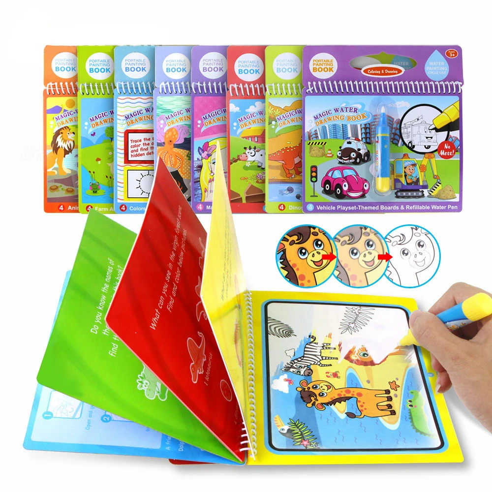 

Magic Water Drawing Board Coloring Book with Painting Pen Dinosaur Animal Theme Doodle Early Educational Toys Gift for Children