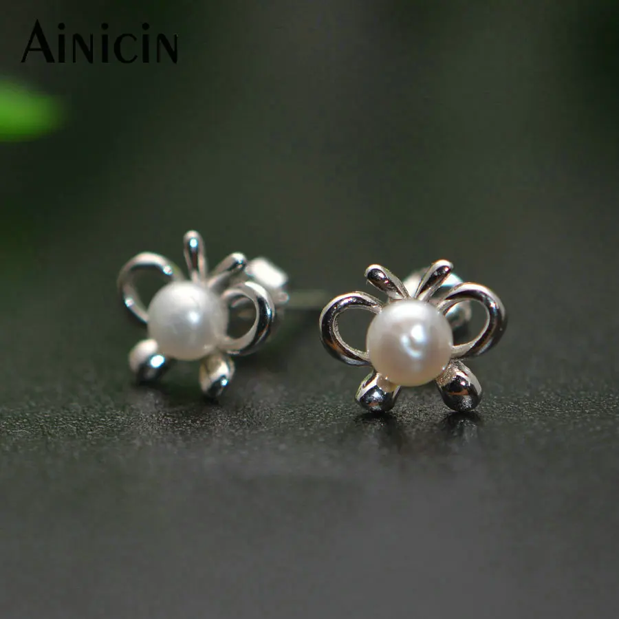 

S925 Sterling Silver Bowknot Butterfly Stud Earrings 5mm Natural Freshwater Pearl Lovelry Cute Gift For Women Korean Jewelry
